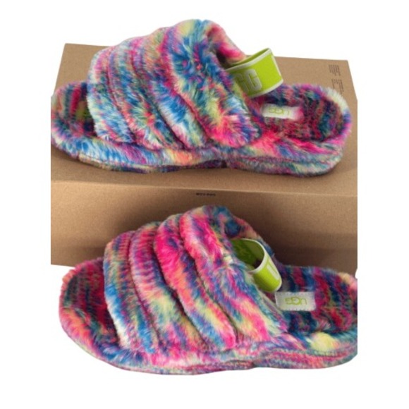 UGG Shoes - UGG Slippers Women 6 Rainbow Fluff Yeah Pixelate Faux Fur New‎